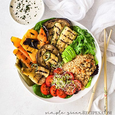 Roasted Vegetable Quinoa Bowl with Lemon Tahini Dressing