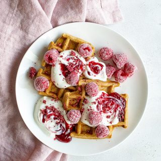 Vegan Spelt Waffles with Coconut Yogurt and Raspberry jam