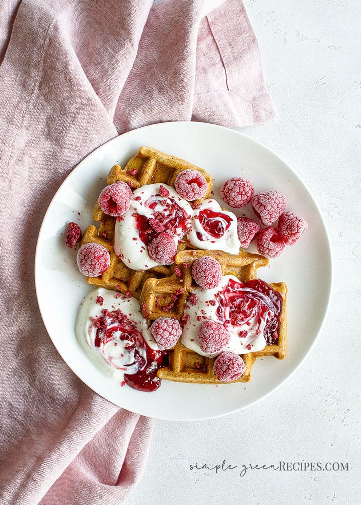 Vegan Spelt Waffles with Coconut Yogurt and Raspberry jam