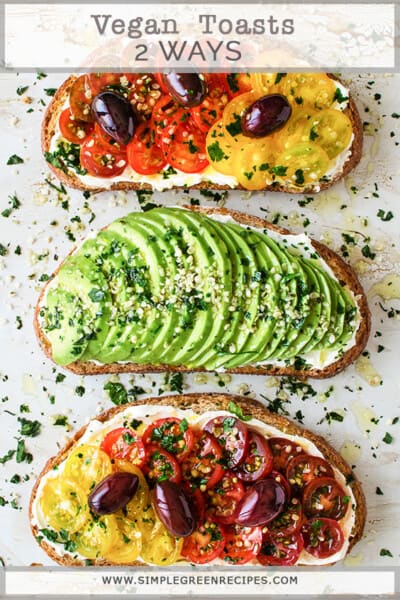 Three toasts topped with sliced avocado, sliced cherry tomatoes and black olives.