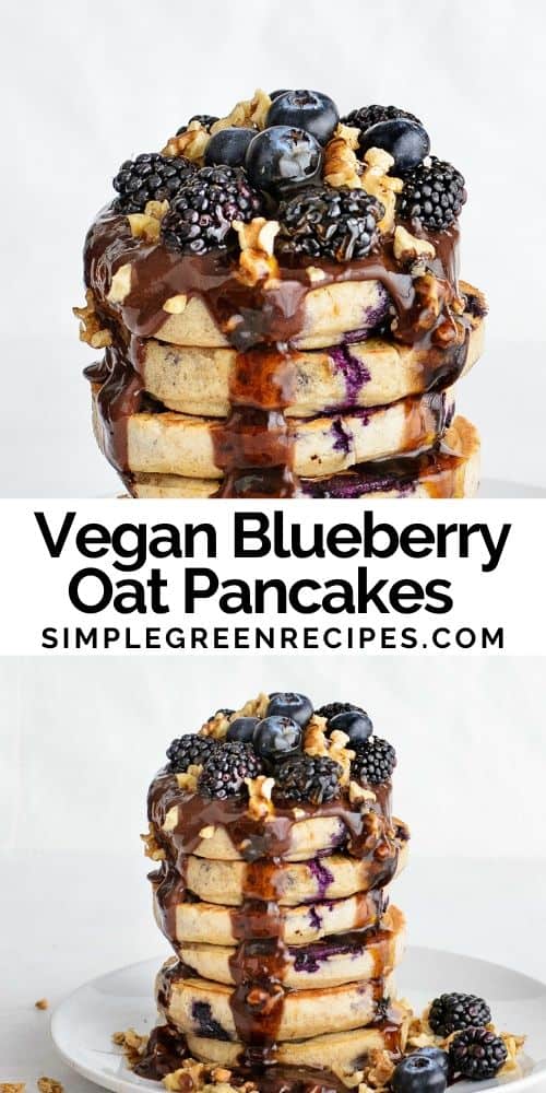 Eye-level shot and close up of the sugar-free stack of Blueberry Oat Pancakes.