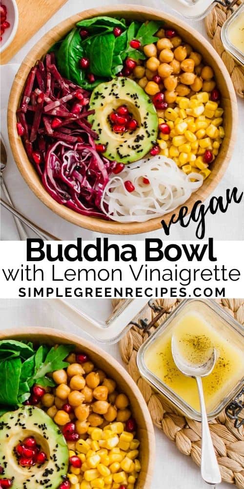 Close up of the Vegan and Gluten-free Buddha Bowl, topped with pomegranate seeds and Lemon Vinaigrette. 