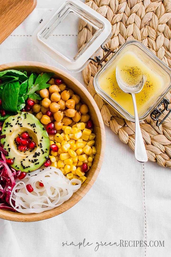 Eye-level of the Vegan Buddha Bowl and the Lemon Vinaigrette dressing.