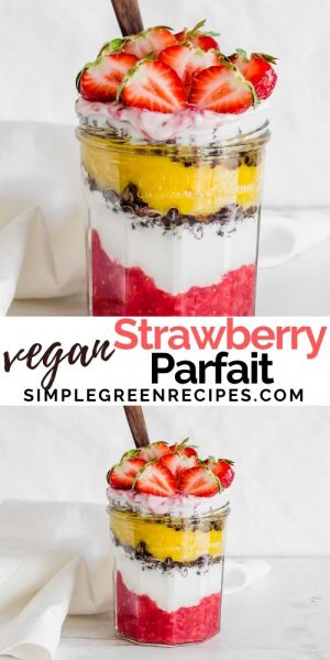 Gluten free Strawberry Parfait on a jar and topped with strawberries.
