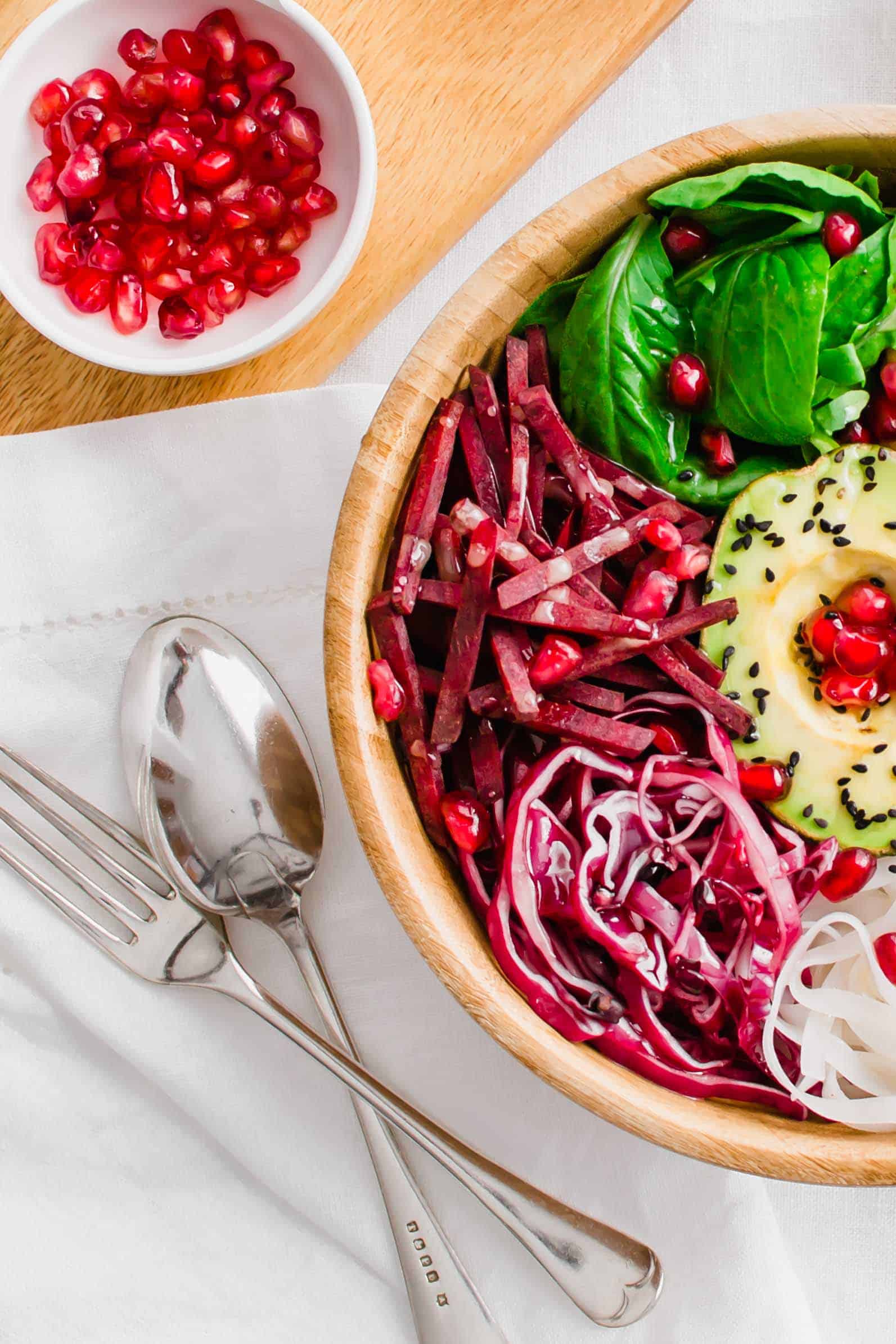 Overhead shot of the Vegan Buddha Bowl and its dressing .