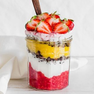 Vegan Strawberry Parfait Recipe with fruit, coconut yogurt and granola.
