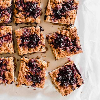 Close up of the Vegan Blueberry Oatmeal Bars sliced into 16 bars.