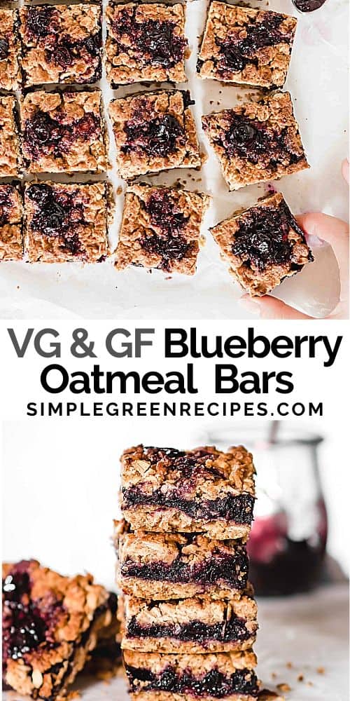 Over head shot and Close up of the Vegan Blueberry Oat Bars topped with blueberry compote.
