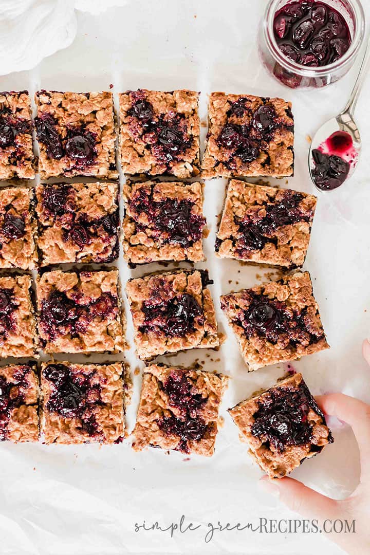 Over head shot of the Gluten free Blueberry Oatmeal Bars sliced and topped with oat crumble.