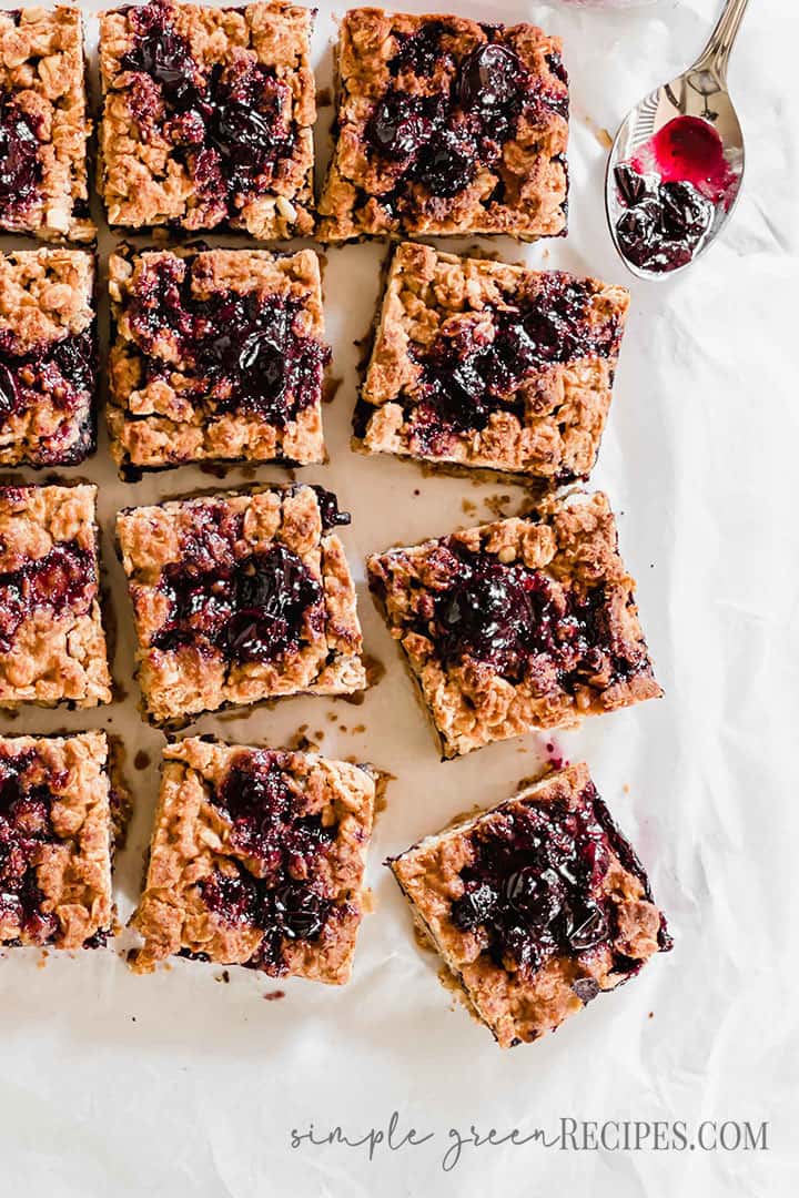 Close up of the Vegan Blueberry Oatmeal Bars sliced into 16 bars.