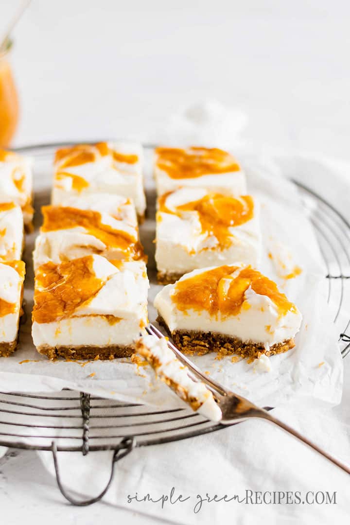 Close up of the Peach Cheesecake bars sliced and stacked