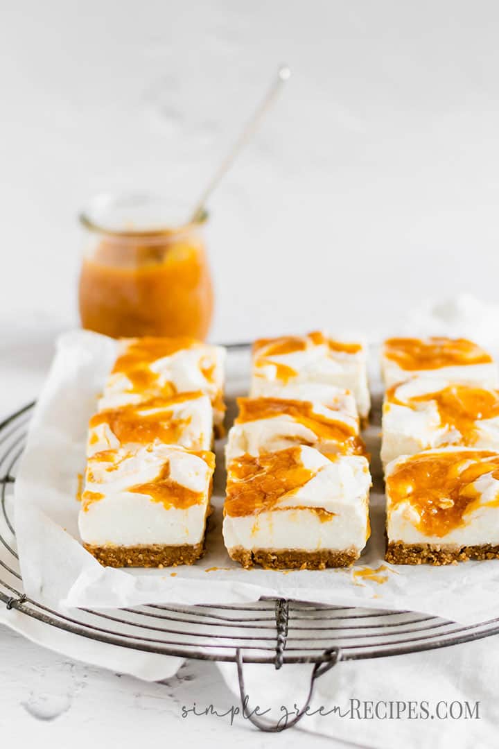 High angle shot of Healthy Peach Cheesecake Bars topped with peach jam