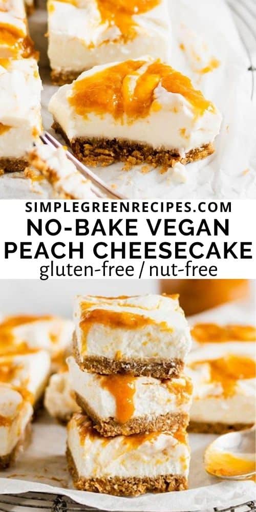 Close up of the Raw Vegan Cheesecake bars stacked and topped with peach jam.