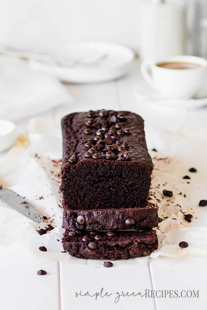High angle and eye-level shot of the Vegan Chocolate Bread cut in some slices.