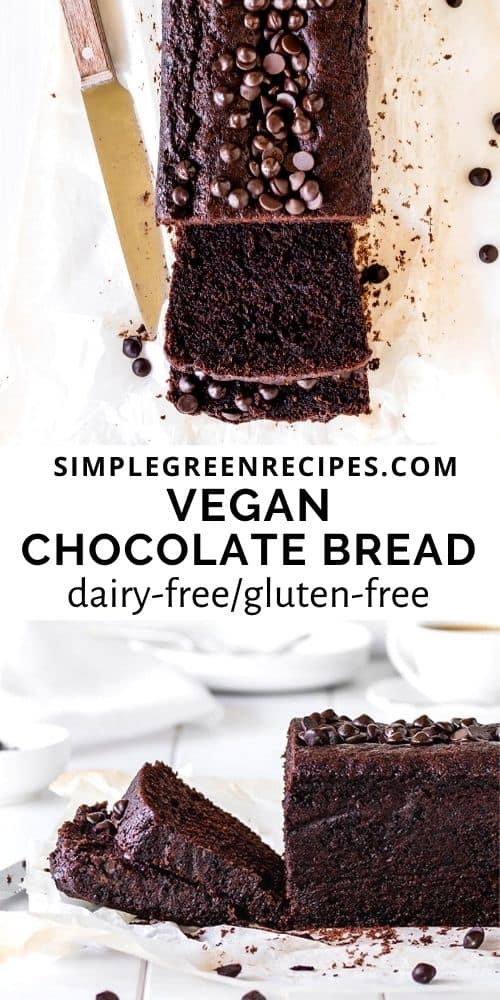 High angle and eye-level shot of the Vegan Chocolate Bread cut in some slices.