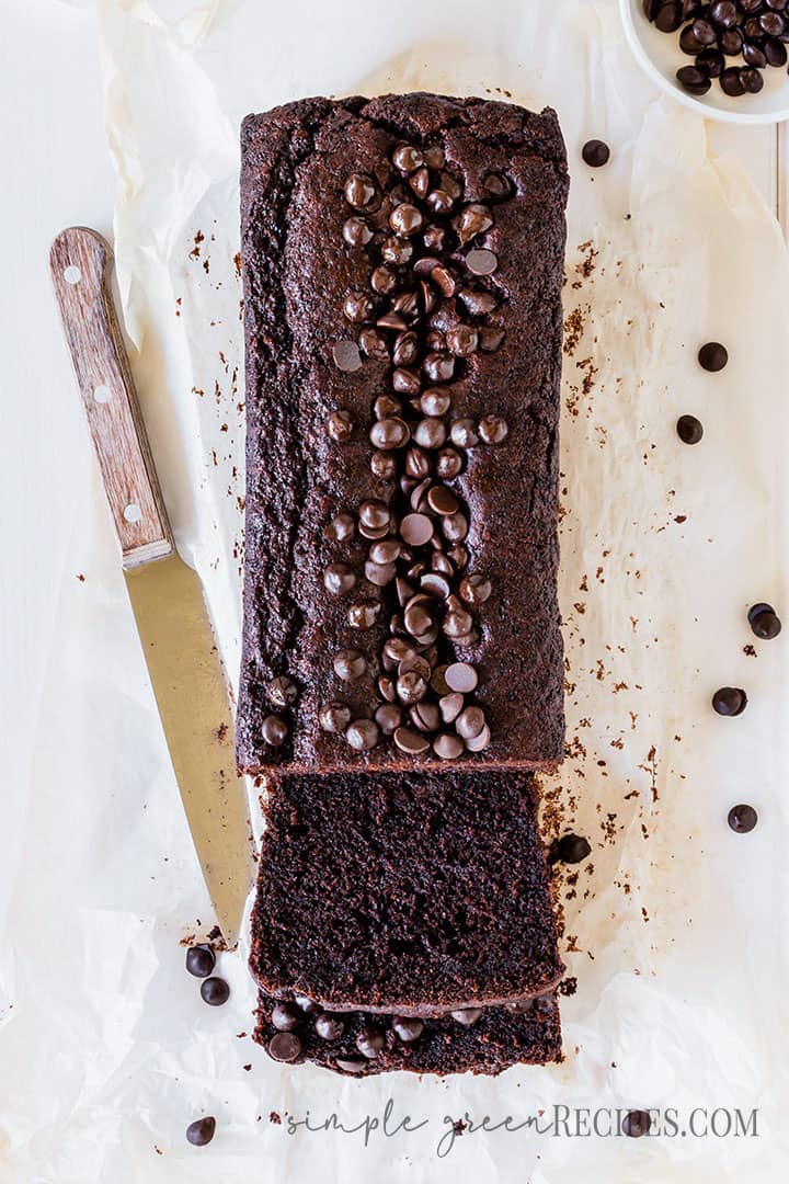 Over head shot of a loaf bread topped with chocolate chips.
