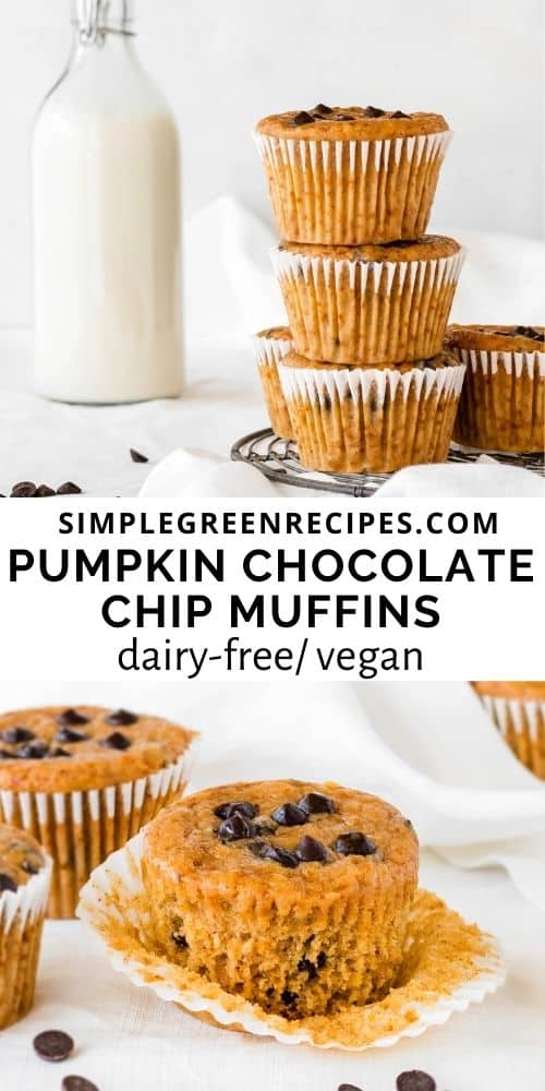 Vegan Pumpkin Chocolate Chip Muffins stacked and placed on a rack.