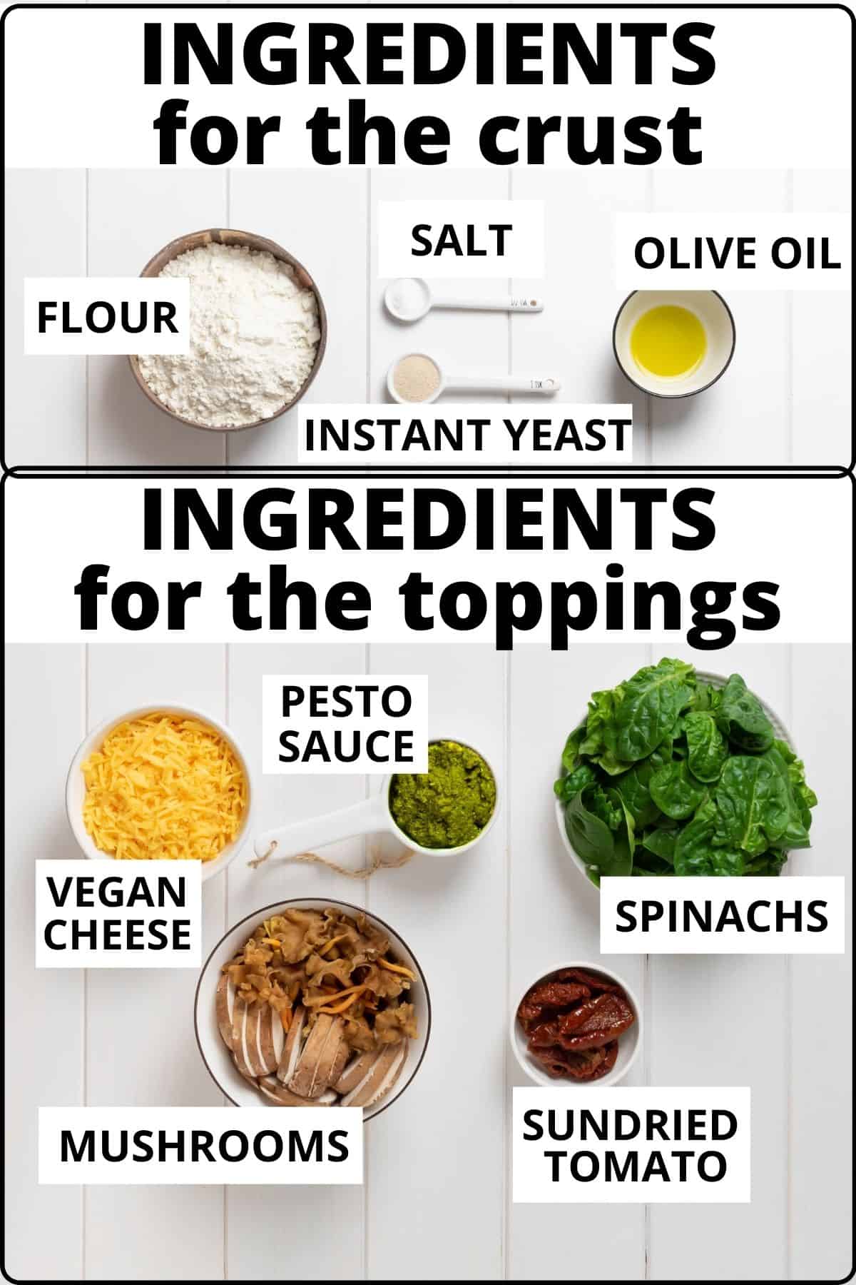 Ingredients for the pizza crust and toppings.
