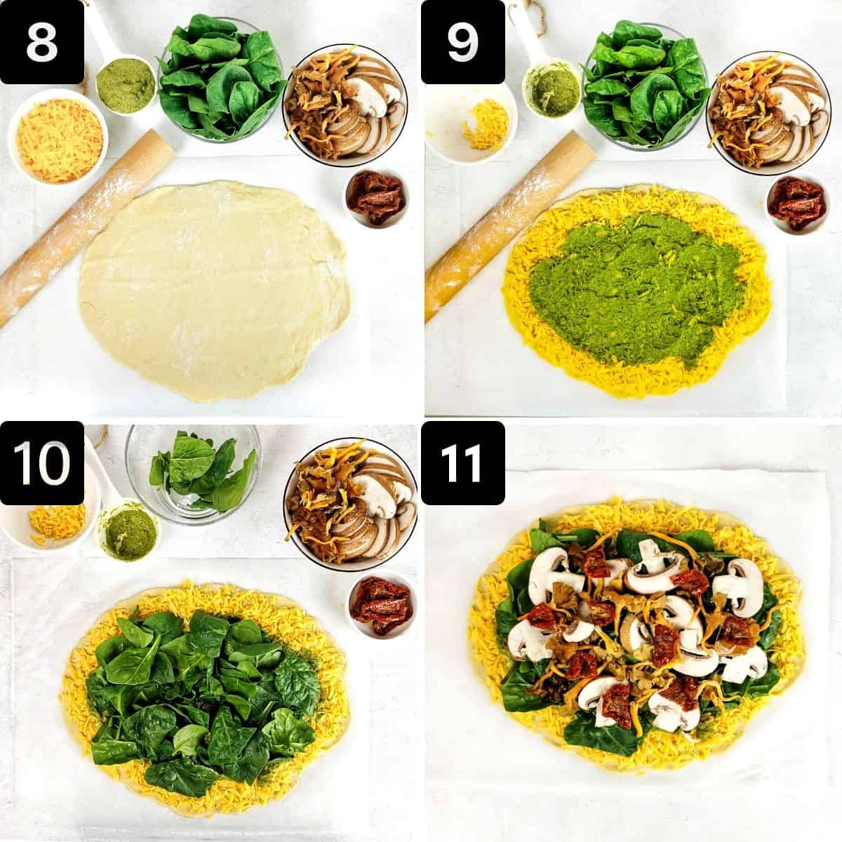 Step-by-step directions to top the crust with the toppings.