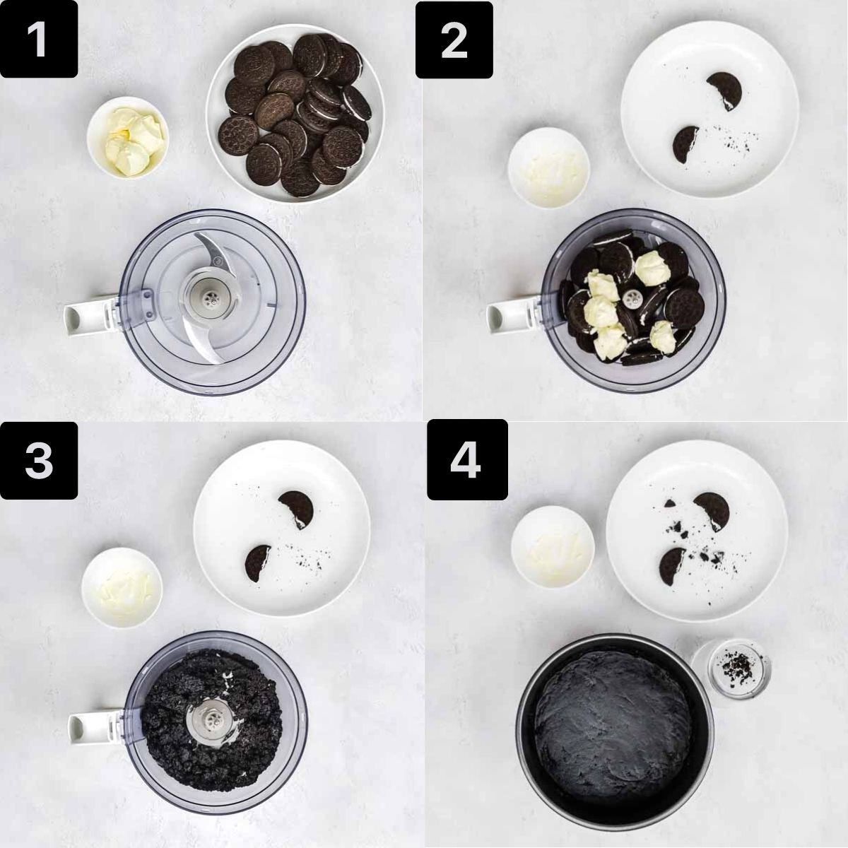 Four process shots to make the chocolate cheesecake crust.