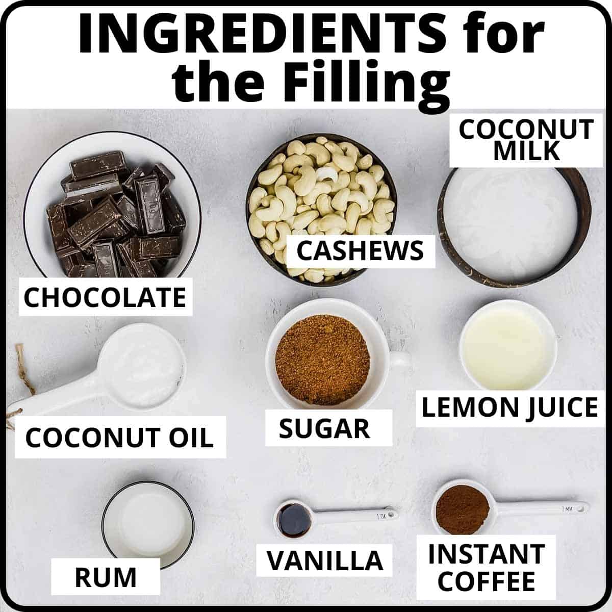 Ingredients for the filling of the chocolate cheesecake placed on a white surface.