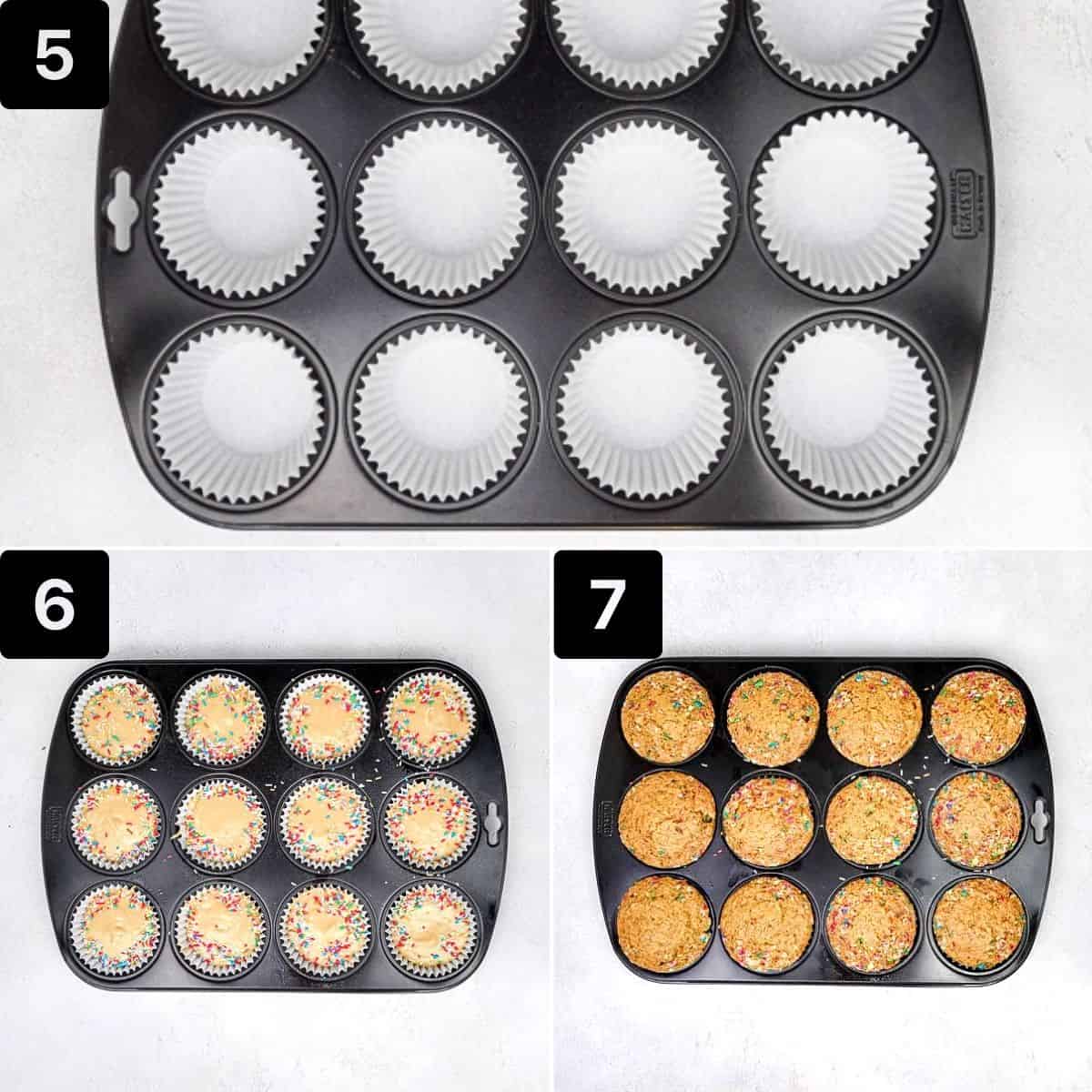 muffin pan lined with white muffin liners, liners filled with batter, muffin pan with baked muffins