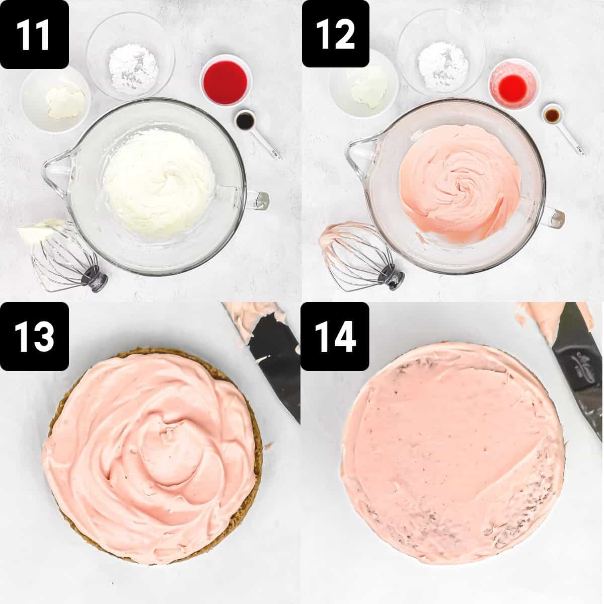 Buttercream process: Cream butter, add powdered sugar, strawberry puree, vanilla and mix. Fill the cake and apply a crumb coat.