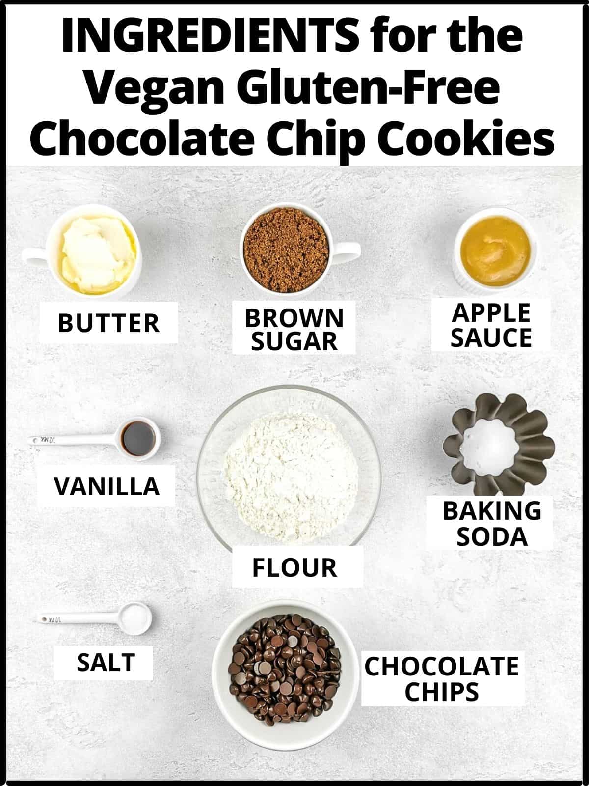 Ingredients for the cookies: butter, sugar, apple sauce, vanilla, flour, baking powder, salt, chocolate chips