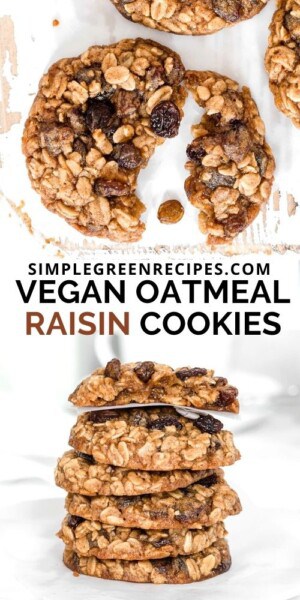 split vegan oatmeal cookie on a white board, surrounded by more cookies, and a stack of oatmeal cookies in the picture above