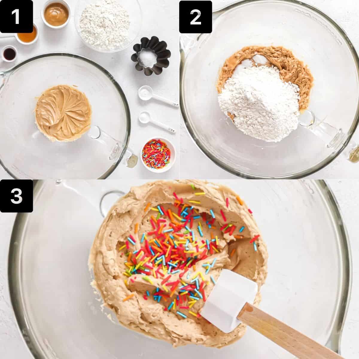 step by step to make Vegan Funfetti Cookies: creaming butter and sugar, mixing rest of ingredients.