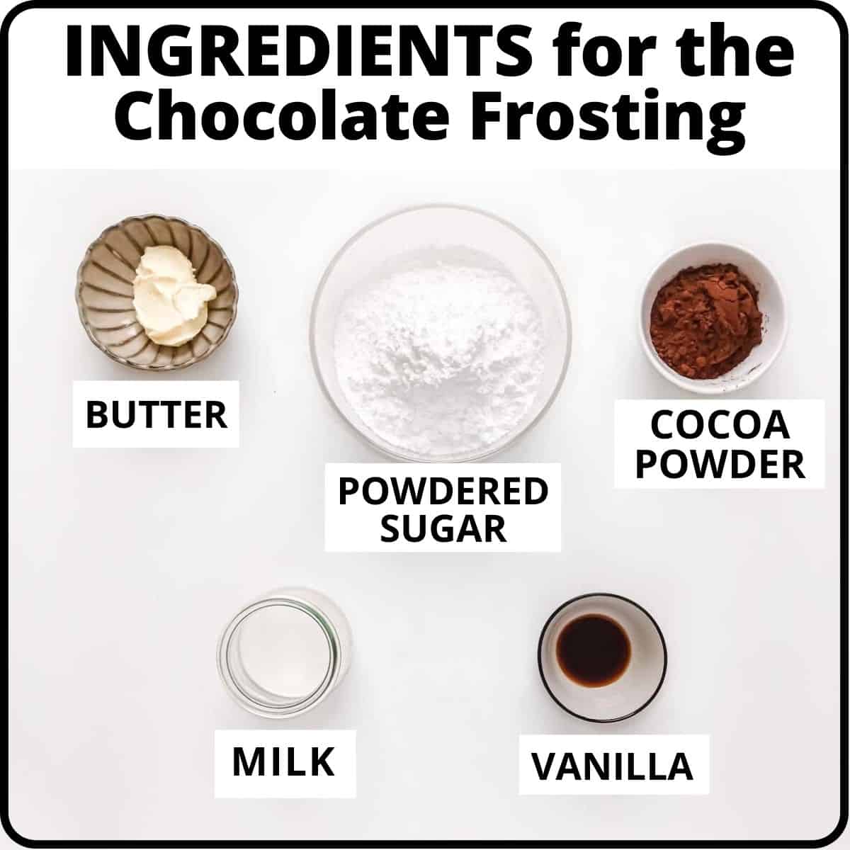 Ingredients for the frosting: butter, sugar, cocoa, milk, vanilla.