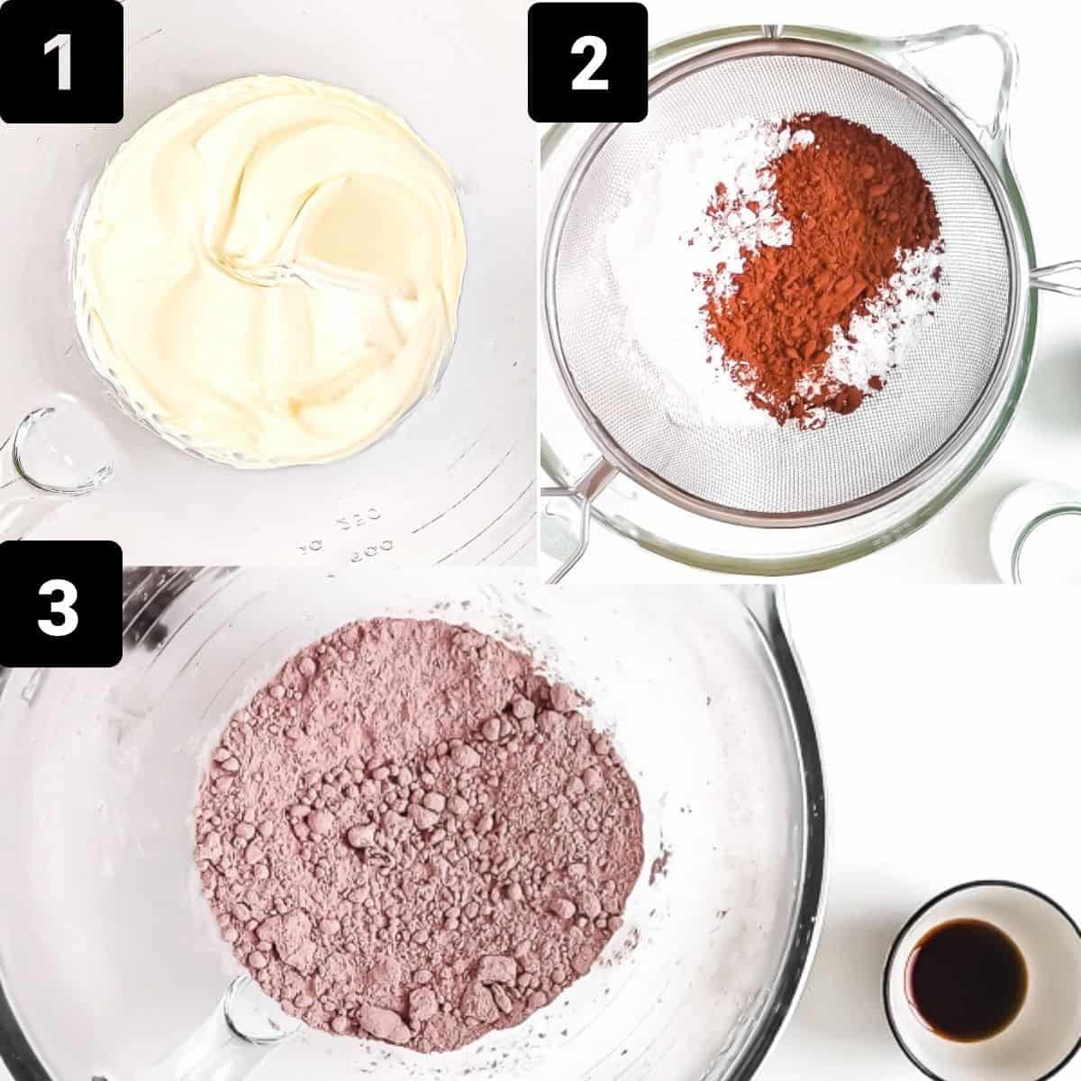 Step by step to make frosting: creaming butter, sifting sugar and cocoa, mixing.