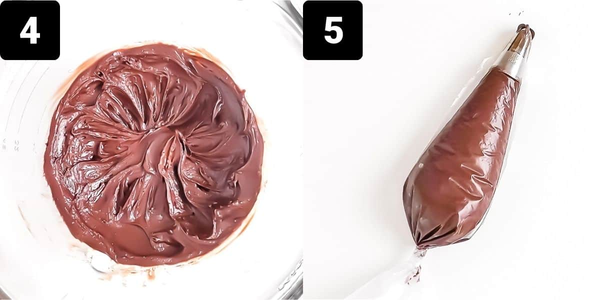 Step by step to make frosting: adding milk and vanilla, mixing, and filling a piping bag.