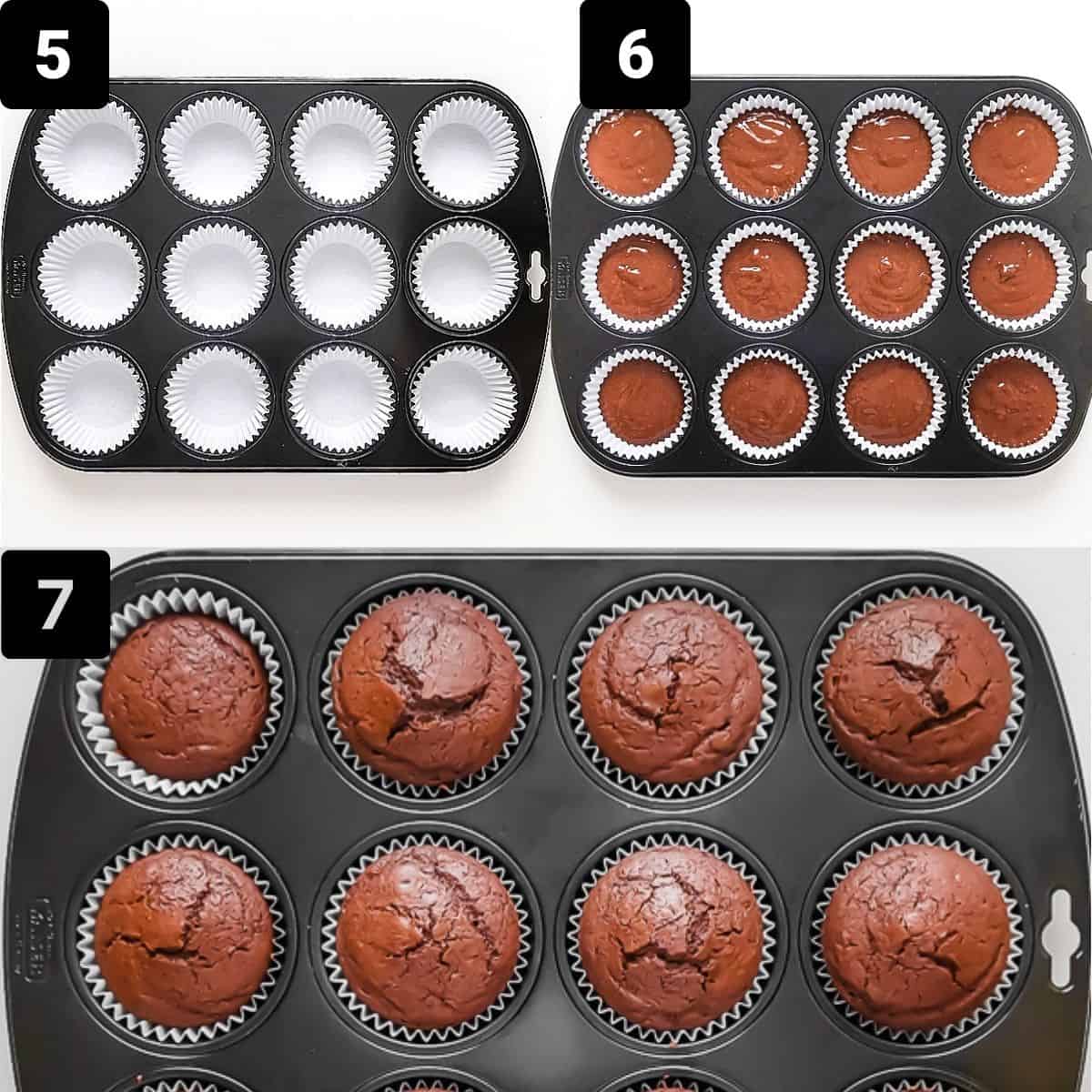 Step by step to make cupcakes: line muffin pan, fill liners, bake.