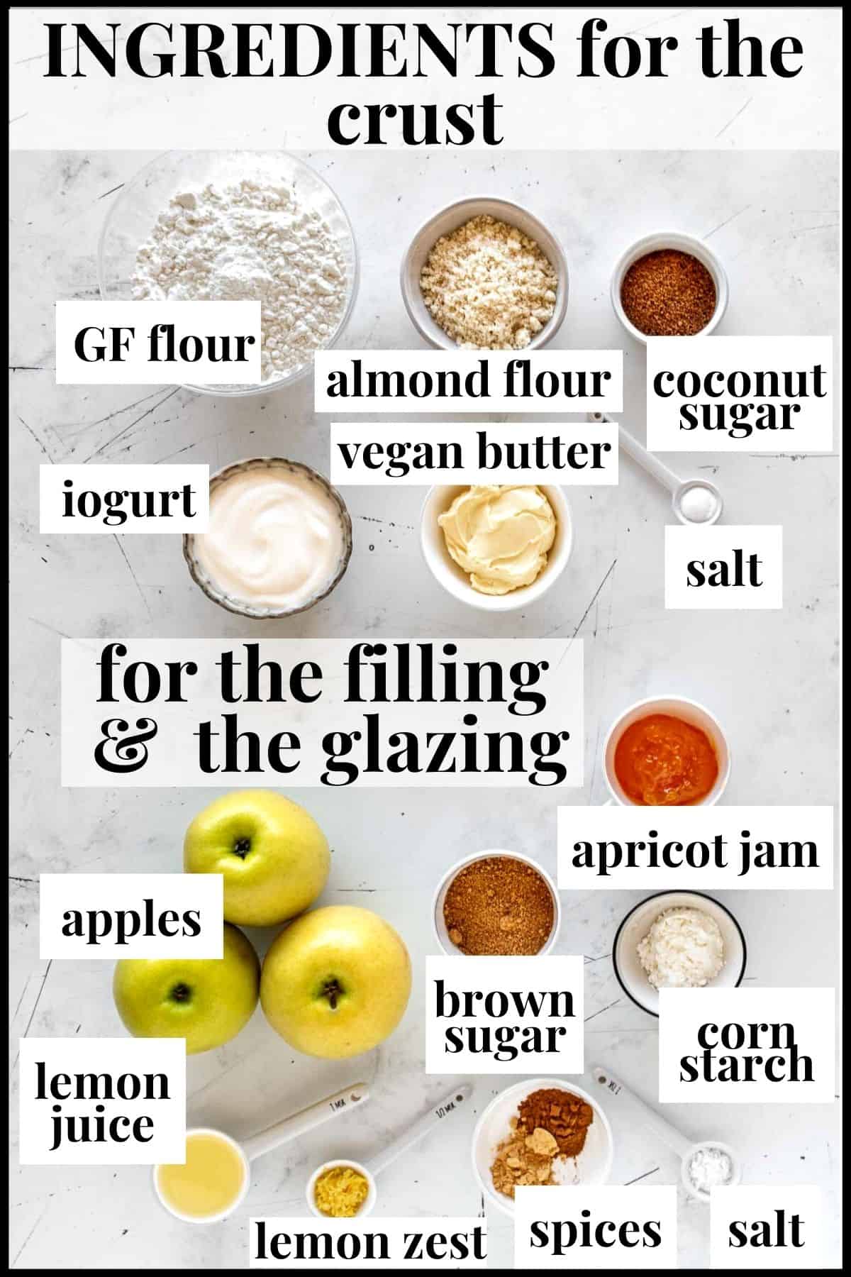 apple galette ingredients with text overlay naming the ingredients