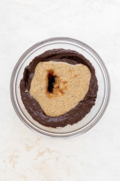 Flaxseed egg on molten chocolate, in a glass bowl